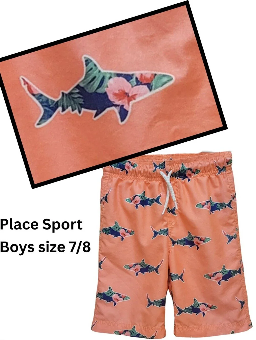 Place Sport Boys Coral Swim Trunks Shorts Tropical Floral Shark Design Sz 7/8